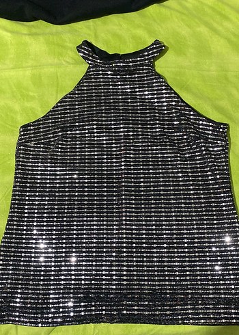 Zara Siyah Gumus Payetli Halter Bluz