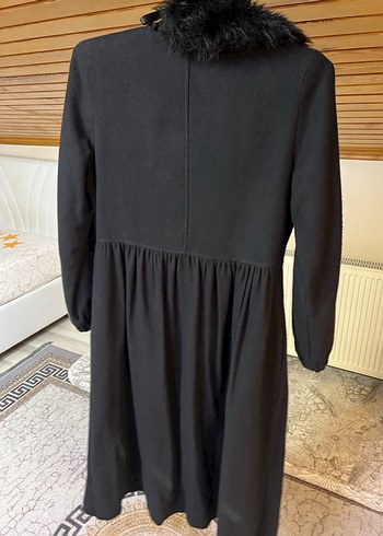 universal Beden Siyah Uzun Peluş Detaylı Vintage Hamile Kabanı
