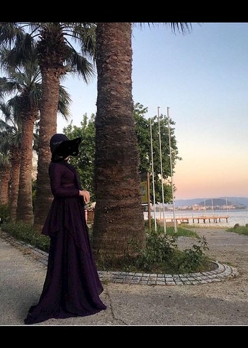 40 Beden Uzun Kollu Yüksek Yakalı Mor Gotik Abiye Elbise