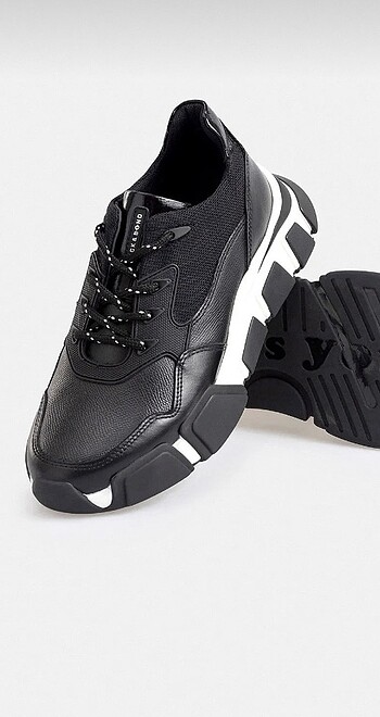 Back and 0 deri esnek tabanlı siyah erkek sneaker ayakkabı