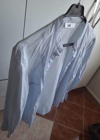 Düğmeli hakem Yaka Mavi pamuklu Kadın Gömlek - Görsel 5