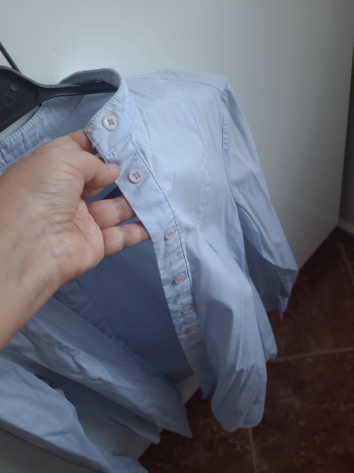 Düğmeli hakem Yaka Mavi pamuklu Kadın Gömlek - Görsel 4