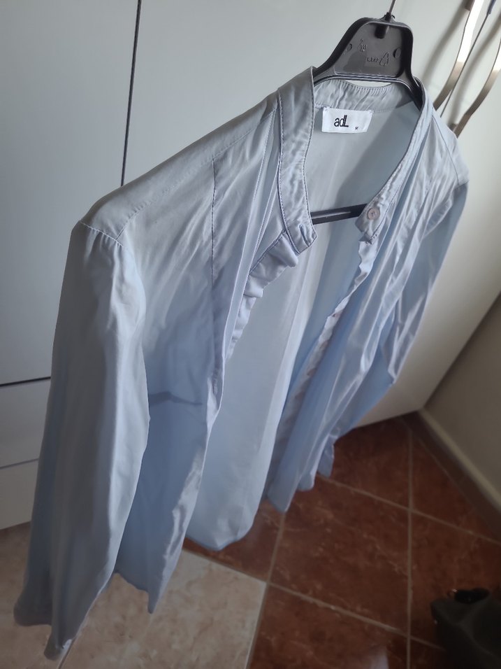 Düğmeli hakem Yaka Mavi pamuklu Kadın Gömlek - Görsel 5