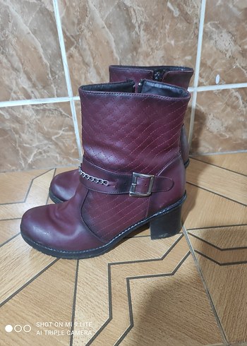 Bordo Deri Zincir Detaylı Biker Bot - Görsel 2