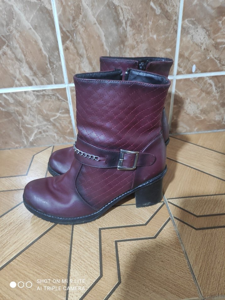 Bordo Deri Zincir Detaylı Biker Bot - Görsel 2