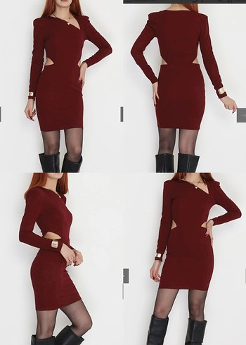 Bordo Süet V Yaka Kadın Elbise - Görsel 2