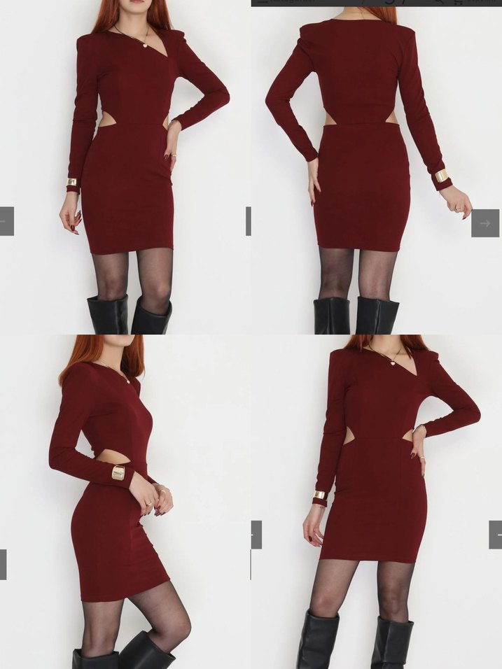 Bordo Süet V Yaka Kadın Elbise - Görsel 2