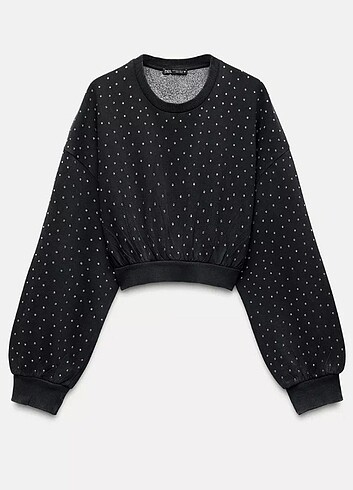 Taşlı Soluk Efektli Crop Sweatshirt