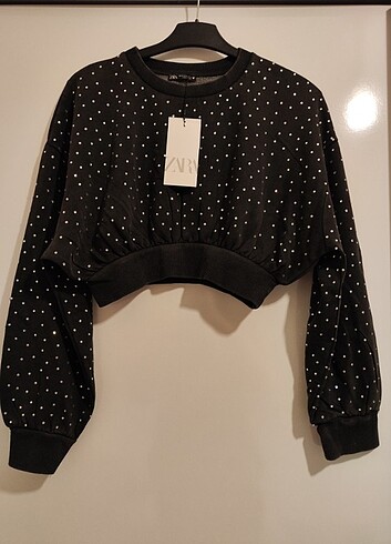 s Beden siyah Renk Taşlı Soluk Efektli Crop Sweatshirt