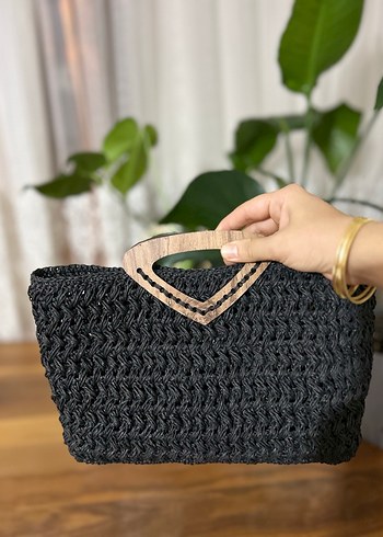 Siyah Örgü Kadın Çanta Ahşap Saplı - Görsel 2