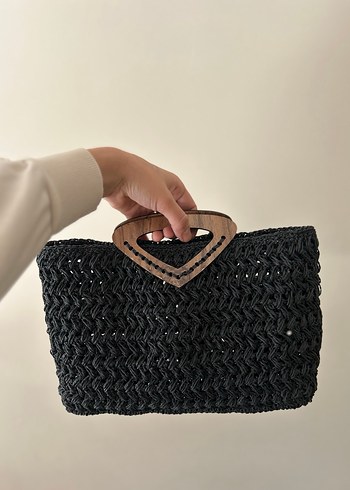 Siyah Örgü Kadın Çanta Ahşap Saplı - Görsel 4