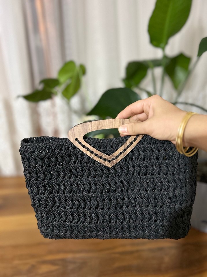 Siyah Örgü Kadın Çanta Ahşap Saplı - Görsel 2