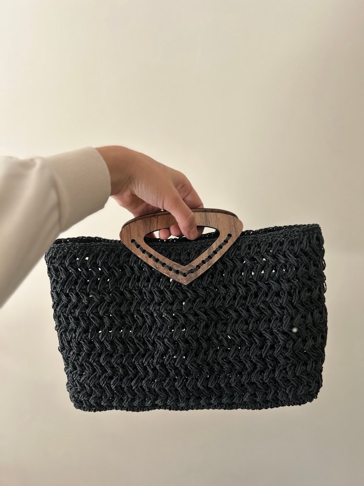 Siyah Örgü Kadın Çanta Ahşap Saplı - Görsel 4