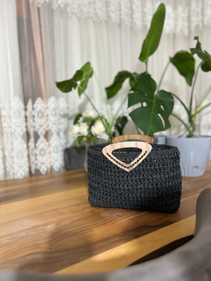 Siyah Örgü Kadın Çanta Ahşap Saplı - Görsel 3