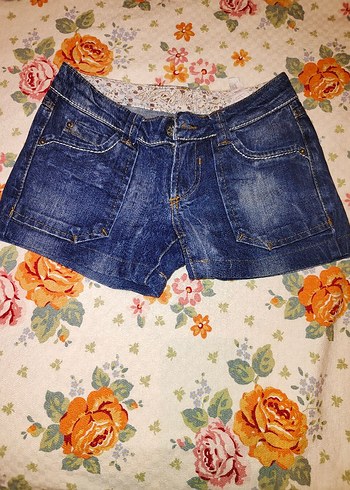 Esprit Turuncu Bağlama Desenli Mini Denim Şort