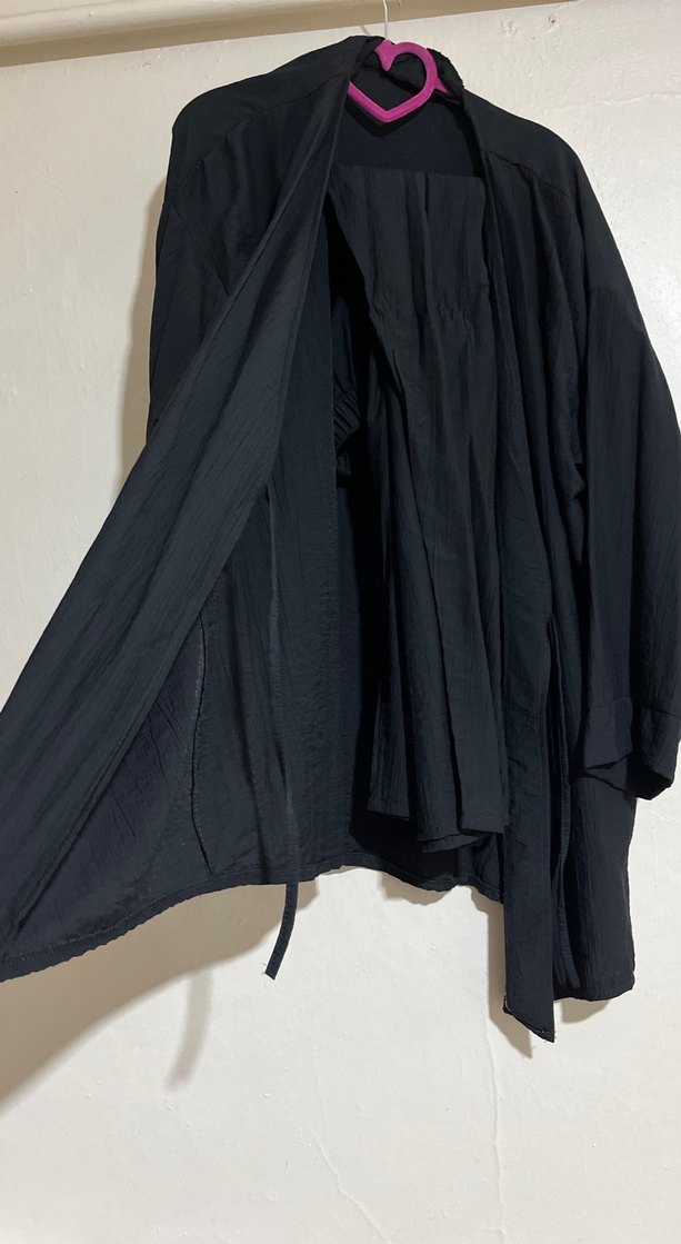 Kadın Siyah Uzun Keten Kimono takım - Görsel 2