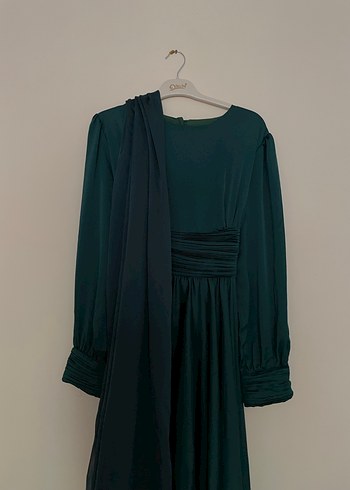 Uzun Yeşil Saten Elbise Drapeli - Görsel 2