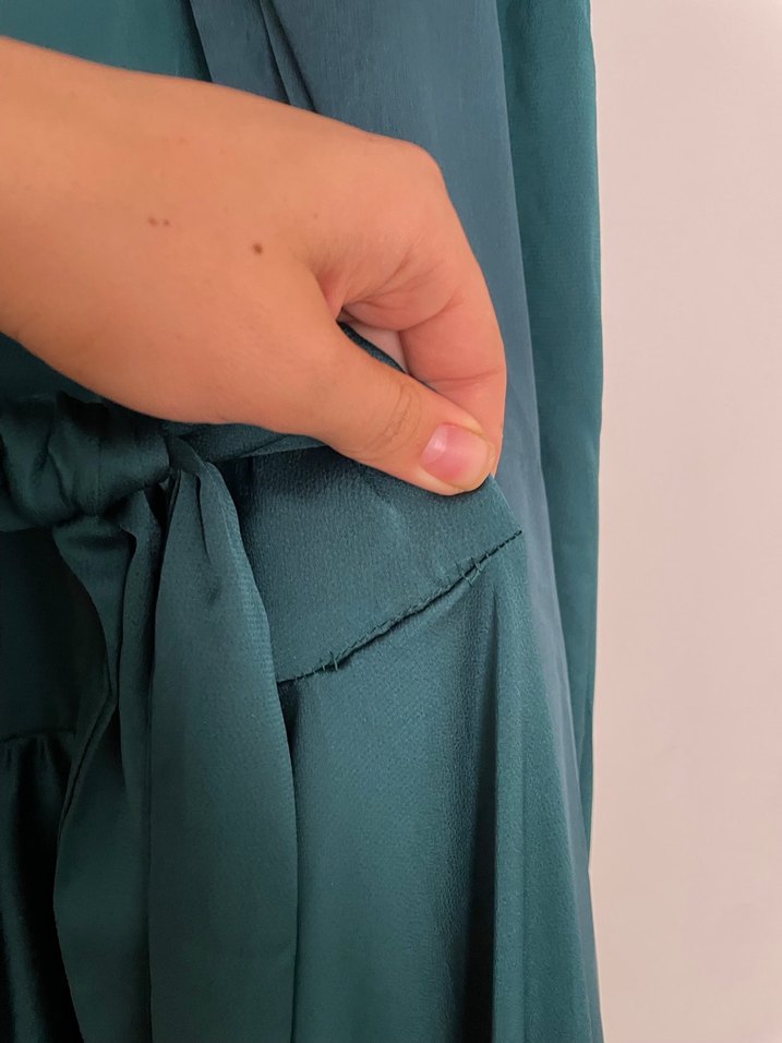 Uzun Yeşil Saten Elbise Drapeli - Görsel 4