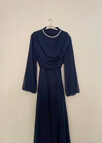Lacivert Uzun Drapeli Kadın Elbise - Görsel 2