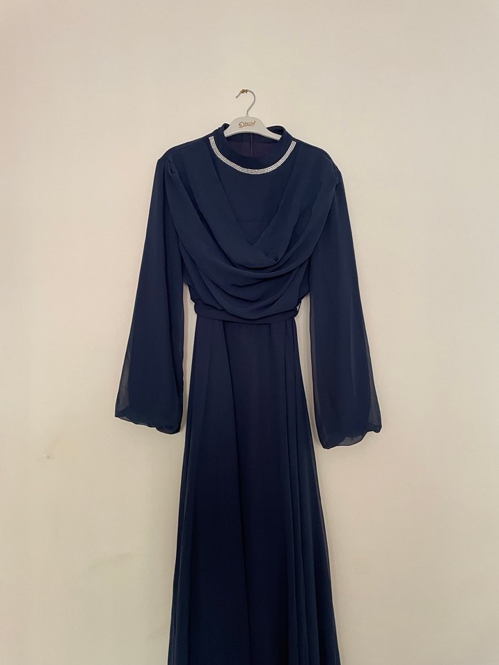 Lacivert Uzun Drapeli Kadın Elbise - Görsel 2