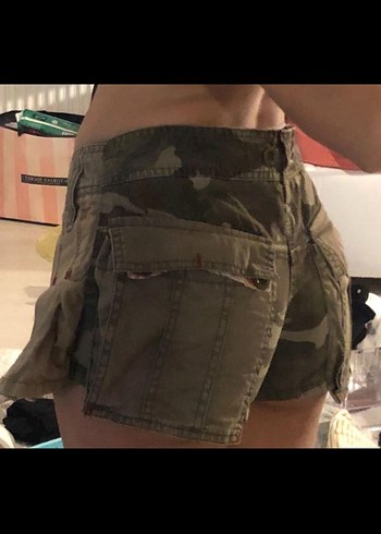 dusuk bel bej pileli asker kamuflajli vintage mini sort Etek - Görsel 2