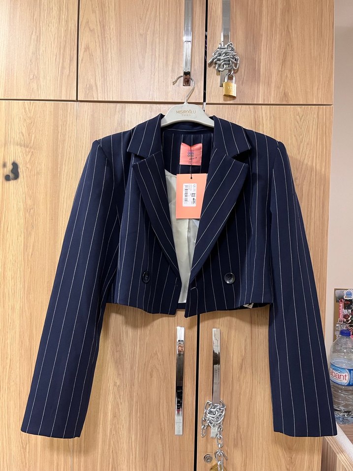Lacivert Çizgili Düğmeli Kadın Blazer - Görsel 2