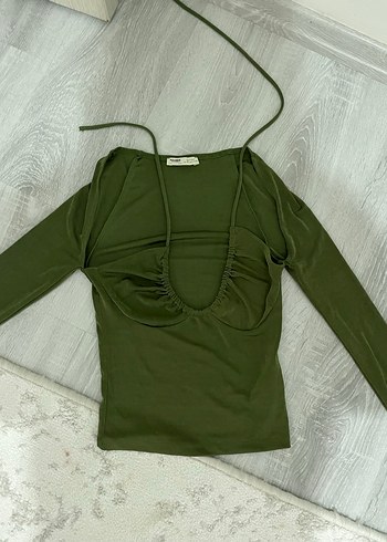 Halter Yaka Strappy Crop Top - Haki - Görsel 3