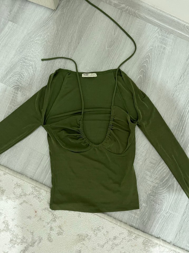 Halter Yaka Strappy Crop Top - Haki - Görsel 3