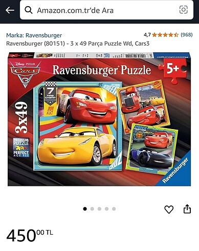  Beden Renk Ravesburger disney car 3x49