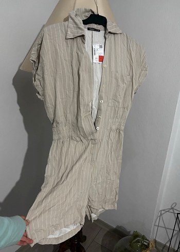 Bej Keten Düğmeli Kısa Kollu Tulum - Görsel 2