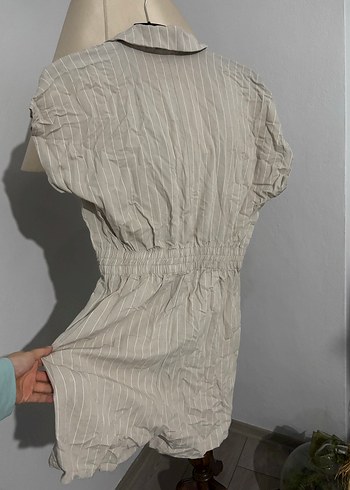 Bej Keten Düğmeli Kısa Kollu Tulum - Görsel 3