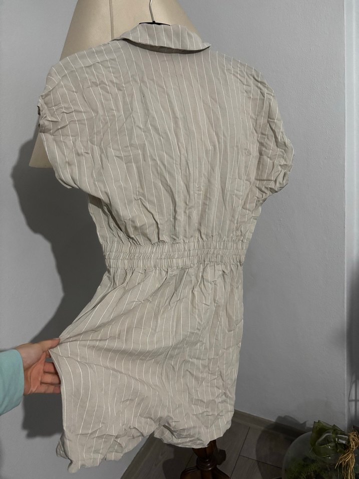 Bej Keten Düğmeli Kısa Kollu Tulum - Görsel 3