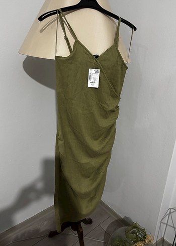 Drapeli Kolsuz Haki Midi Elbise - Görsel 2