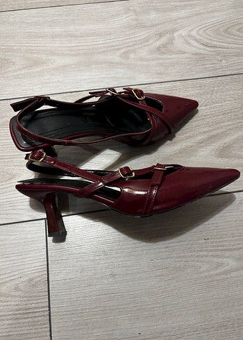 Bordo Deri Tokalı Stiletto Kadın Ayakkabı - Görsel 4