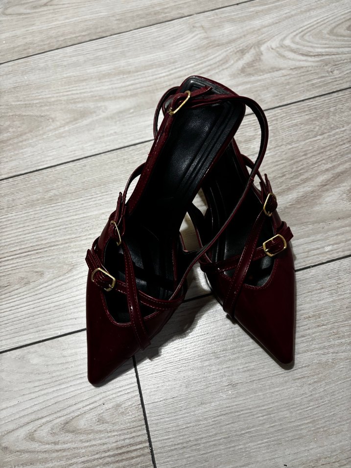 Bordo Deri Tokalı Stiletto Kadın Ayakkabı - Görsel 2