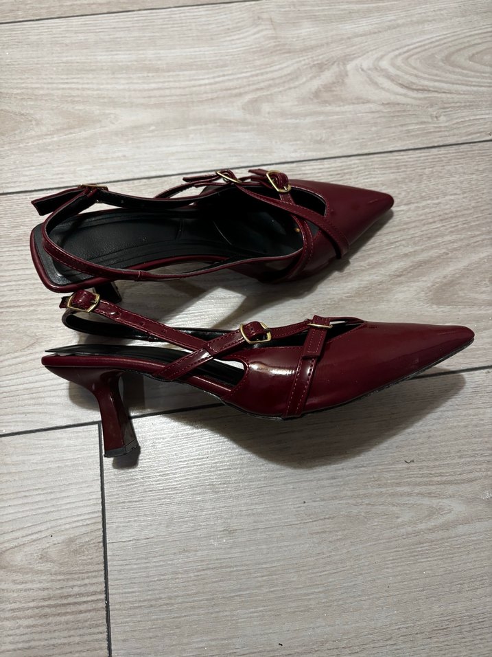 Bordo Deri Tokalı Stiletto Kadın Ayakkabı - Görsel 4