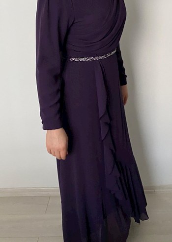 Diğer Uzun Mor Drapeli Kadın Abiye Elbise