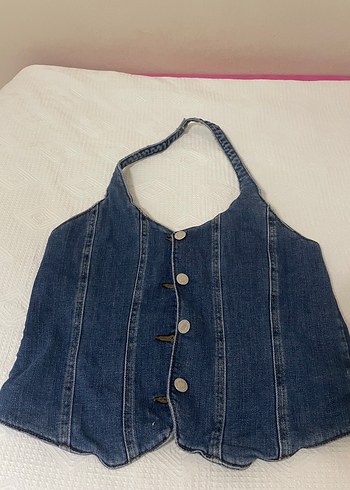 Düğmeli Mavi Denim Kadın Yelek