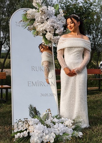 Parlak Beyaz Uzun Kollu Madonna yaka nişanlık, nikah abiye