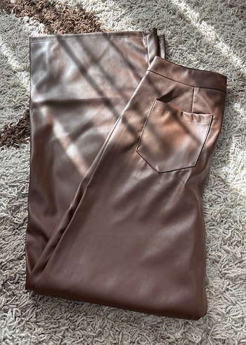 Kahverengi Deri Kadın Wide Leg Pantolon