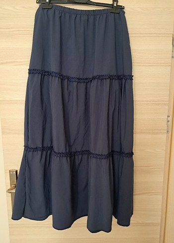 Kadın Lacivert Uzun Fırfırlı Keten Etek