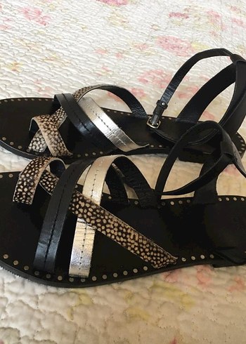 41 Beden Bohem Siyah Zebra Desenli Deri Sandalet