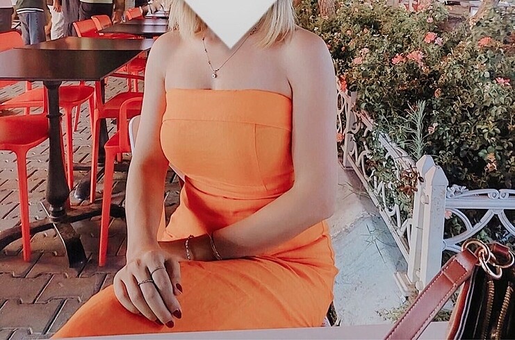 xs Beden turuncu Renk Mango keten straplez elbise
