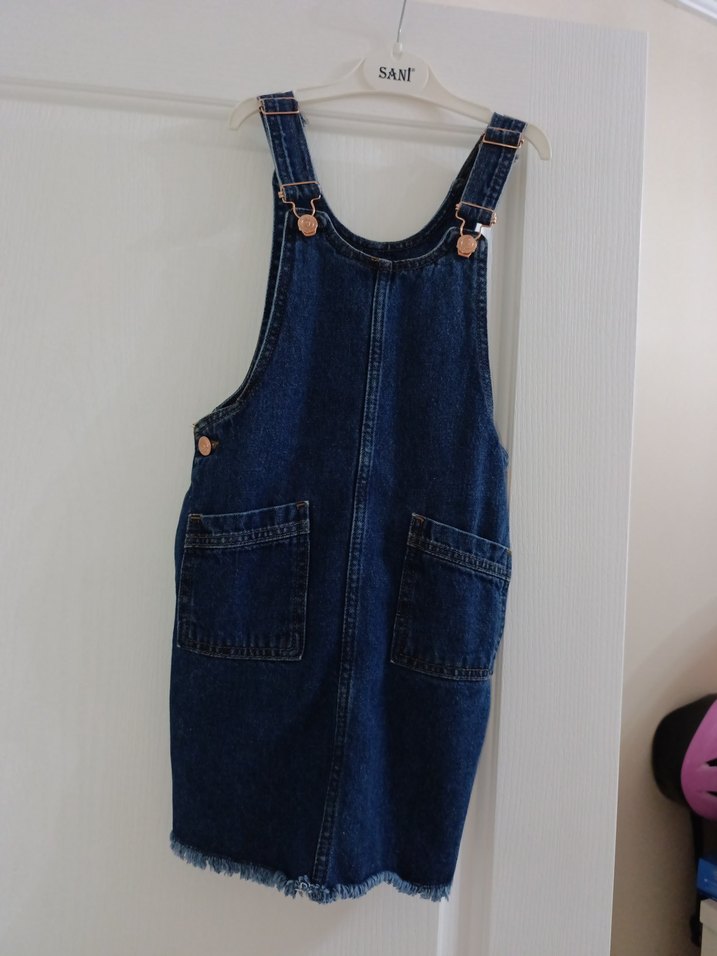 Kızlar İçin Koyu Lacivert Kot Salopet - Görsel 3