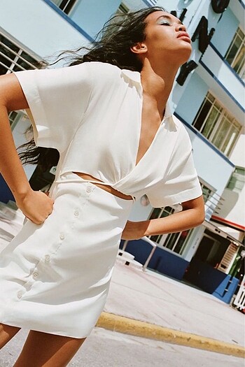 Zara Keten Karışımlı Beyaz Mini Elbise