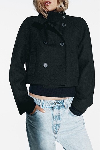 s Beden siyah Renk Zara Manteco Premium Yün Crop Kaban