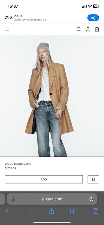 m Beden Zara Camel Yün Kaban Zara