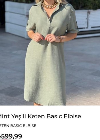 s Beden V Yaka Salaş Uzun Keten Elbise - Haki