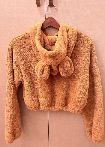 Bej Peluş Kapüşonlu Sweatshirt - Görsel 2