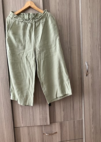 Kadın Keten Midi Bol Kesim Kemerli Pantolon